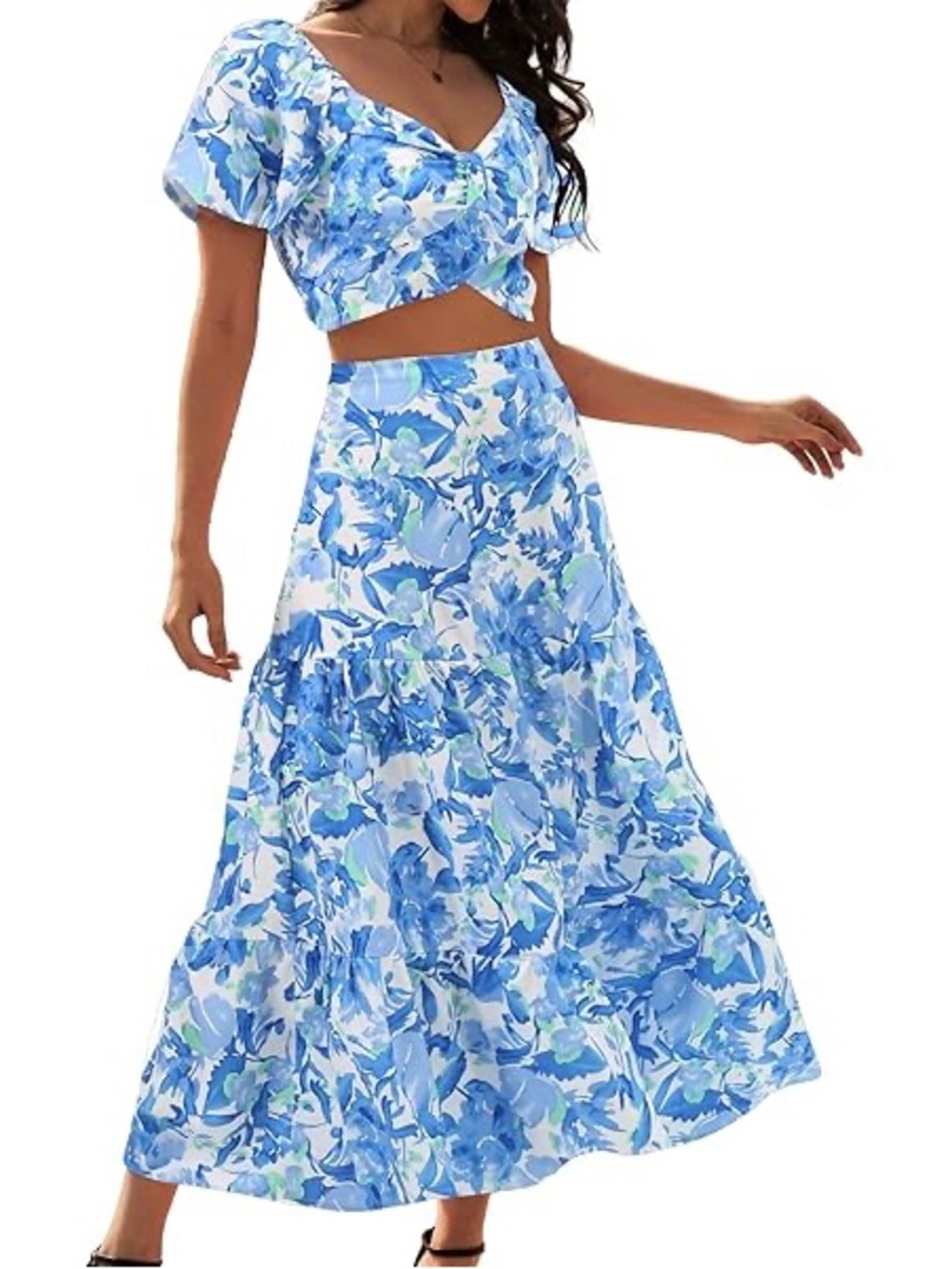 Blue Floral Maxi Skirt and crop top set